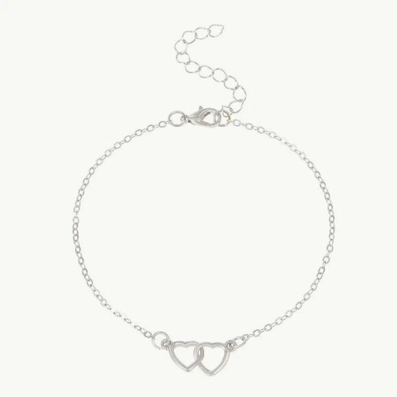 Delicate Double Heart Bracelet Silver Chain Beach Vacation Summer Minimalist - Picture 1 of 1